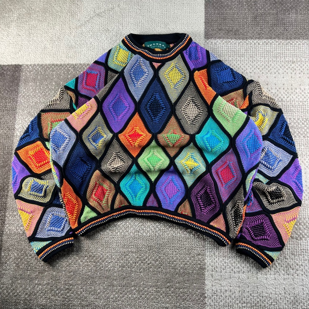 Tundra Canada Mens Large Multi Color Diamond 3D Coogi Style Knit Cotton Sweater